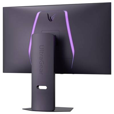 Das Bild zeigt die Rückseite eines gebogenen, schlanken Monitors mit dem 'UltraGear' Logo und violetter LED-Beleuchtung entlang des Umrands.