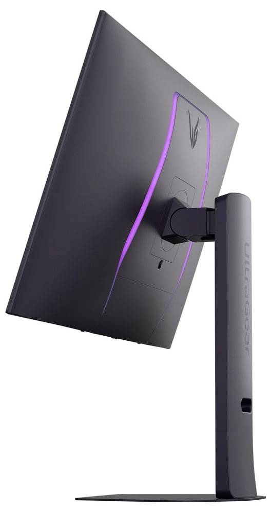 Ein schlanker Computermonitor, Seitenansicht, mit dünnem Rahmen und lila Hintergrundbeleuchtung als Akzent. Der Ständer ist mit 'UltraGear' beschriftet.