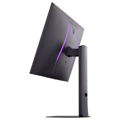 Ein schlanker Computermonitor, Seitenansicht, mit dünnem Rahmen und lila Hintergrundbeleuchtung als Akzent. Der Ständer ist mit 'UltraGear' beschriftet.
