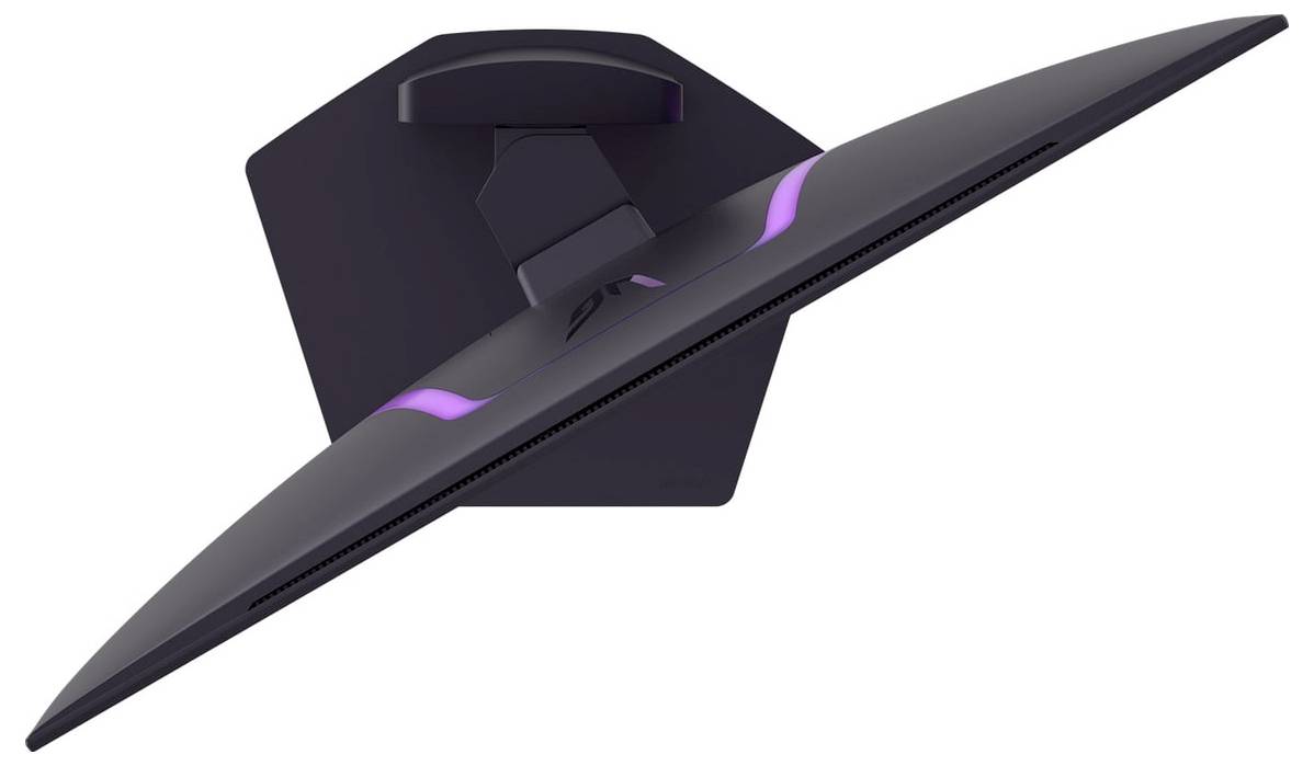 Eine Draufsicht eines schlanken, geschwungenen Computermonitors mit einem leuchtenden violetten Akzent auf der Rückseite, montiert auf einem Ständer.