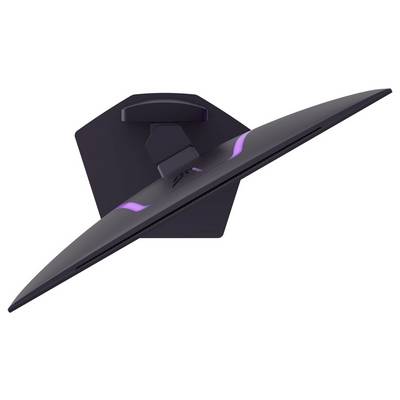 Eine Draufsicht eines schlanken, geschwungenen Computermonitors mit einem leuchtenden violetten Akzent auf der Rückseite, montiert auf einem Ständer.