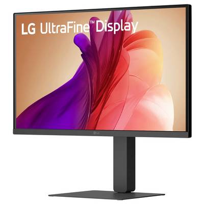 LG UltraFine Display, auf dem abstrakte rote und violette Fluidformen auf dem Bildschirm zu sehen sind und die lebendigen Farbwiedergabefähigkeiten des Monitors hervorheben.
