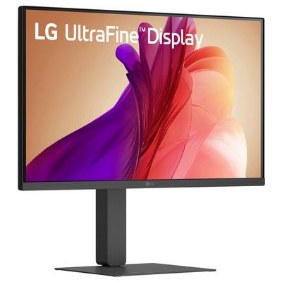 LG UltraFine Display Monitor mit einem lebhaften roten und violetten abstrakten Design auf dem Bildschirm, ausgestattet mit einem schlanken, modernen Ständer.