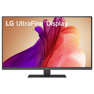 Ein Computermonitor, der lebendige rote und lila abstrakte Formen zeigt, mit dem Text "LG UltraFine Display" über dem oberen Bildschirmrand.