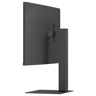 Eine Seitenansicht eines schwarzen Computermonitors auf einem rechteckigen Ständer, die den dünnen Bildschirmrahmen und den verstellbaren Standfuß zeigt.