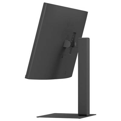 Ein schwarzer Monitor, von der Seite betrachtet, der sein verstellbares Stativ und sein minimalistisches Design ohne sichtbare Tasten oder Anschlüsse zeigt.