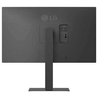 Ein schwarzer LG-Monitor wird von hinten gezeigt, wobei sein Ständer und Anschlüsse wie HDMI, USB und Stromeingang zu sehen sind.