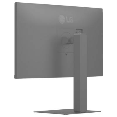 Ein moderner LG-Monitor, von hinten betrachtet, mit elegantem, minimalistischem Design und einem rechteckigen Ständer, der den Bildschirm aufrecht hält.