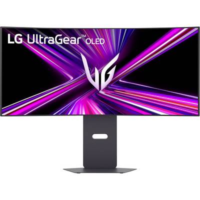 'LG UltraGear OLED' Gaming-Monitor mit lebendigen rosa und violetten Lichtstreifen auf dem Bildschirm, die seine fortschrittliche Displaytechnologie hervorheben.
