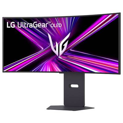 Gebogener LG UltraGear OLED-Monitor mit leuchtend violetten und pinken Lichtstreifen auf dem Bildschirm, der sein schlankes Design und die hochwertige Anzeige präsentiert.
