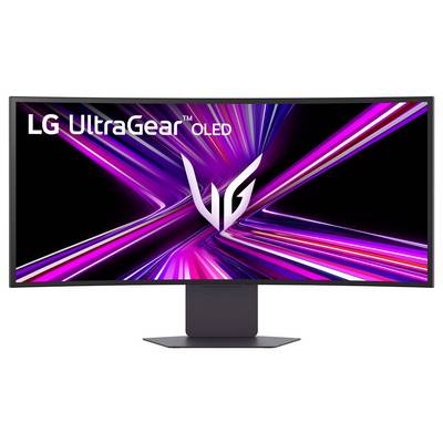 Breiter LG UltraGear OLED-Monitor mit lebendigen rosa und lila abstrakten Grafiken auf dem Bildschirm.