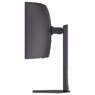 Eine Seitenansicht eines gebogenen Computermonitors auf einem Ständer, die seinen schlanken Profil und das gebogene Bildschirmdesign hervorhebt.
