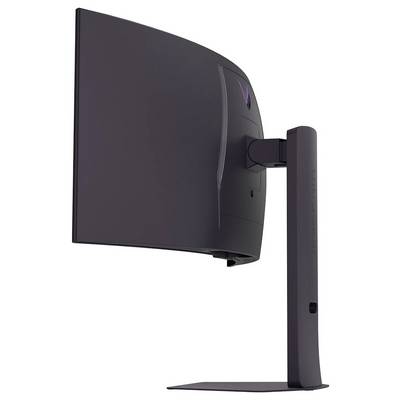Eine Seitenansicht eines gebogenen Computermonitors mit einem robusten Ständer, der dünne Bildschirmränder und ein schlankes, modernes Design zur Schau stellt.