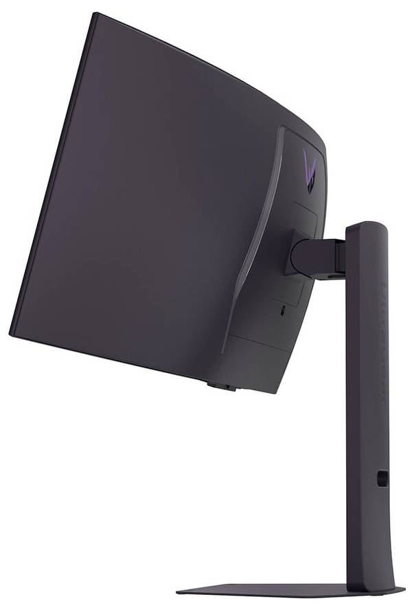 Ein schlanker, moderner Computermonitor, von der Seite betrachtet, der sein dünnes Profil und sein geschwungenes Design mit einem stabilen Ständer präsentiert.