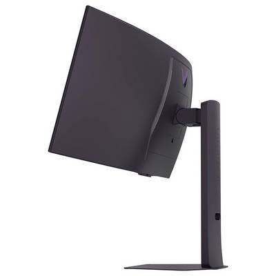 Ein schlanker, moderner Computermonitor, von der Seite betrachtet, der sein dünnes Profil und sein geschwungenes Design mit einem stabilen Ständer präsentiert.