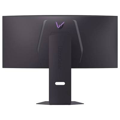 Rückansicht eines schwarzen Breitbild-Monitors mit einem zentralen Ständer, auf dem das 'UltraGear'-Logo auf dem Ständer angebracht ist.
