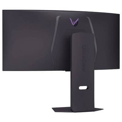 Ein schlanker, großer, gebogener Computerbildschirm mit breitem Ständer und "UltraGear"-Logo, entwickelt für immersive Spielerlebnisse.