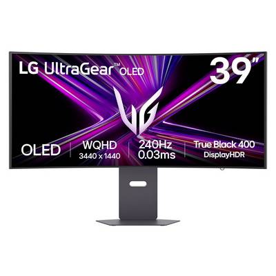 Das Bild zeigt einen LG UltraGear OLED-Monitor mit 39 Zoll Größe, einer Auflösung von 3440x1440, einer Bildwiederholrate von 240 Hz und DisplayHDR True Black 400.