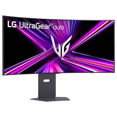 Das Bild zeigt einen Gaming-Monitor des Typs 'LG UltraGear OLED', auf dessen Bildschirm dynamische, farbenfrohe Lichtstreifen zu sehen sind, zusammen mit dem 'LG'-Logo.