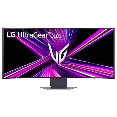 Ein Breitbildmonitor zeigt lebendige violette und rosa diagonale Streifen. Das Logo 'LG UltraGear OLED' befindet sich in der oberen linken Ecke.