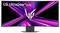 Ein Breitbildmonitor zeigt lebendige violette und rosa diagonale Streifen. Das Logo 'LG UltraGear OLED' befindet sich in der oberen linken Ecke.