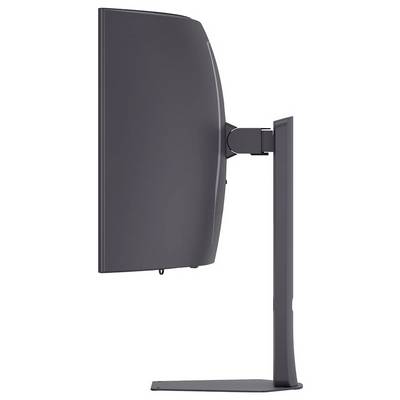 Seitenansicht eines geschwungenen Computermonitors auf einem Ständer, der seinen eleganten Profil und den verstellbaren Scharniermechanismus präsentiert.