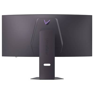 Das Bild zeigt die Rückseite eines dunkel gehaltenen UltraGear-Monitors mit einem markeneigenen Ständer und einem Logo nahe der oberen Mitte.