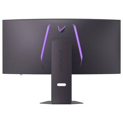 Eine Rückansicht eines LG UltraGear Gaming-Monitors mit beleuchtetem Logo und elegantem Design, das seine moderne Ästhetik hervorhebt.