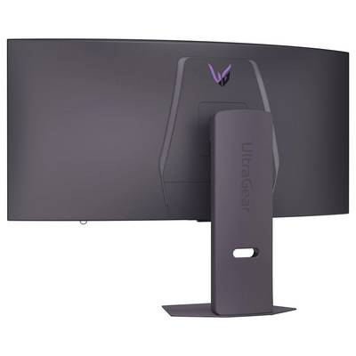 Rückansicht eines Flat-Screen-Monitors der Marke 'UltraGear', mit elegantem Design und einem stabilen Ständer.