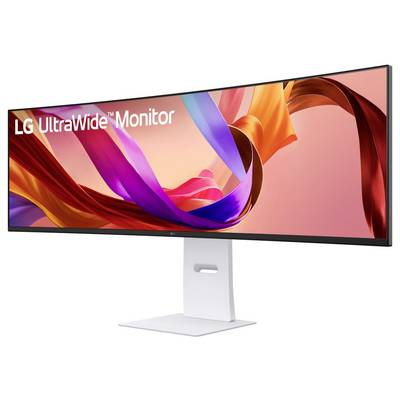 LG UltraWide Monitor mit einem lebendigen abstrakten Design auf dem Bildschirm, gestützt von einem schlanken weißen Ständer.