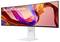 LG UltraWide Monitor mit einem lebendigen abstrakten Design auf dem Bildschirm, gestützt von einem schlanken weißen Ständer.
