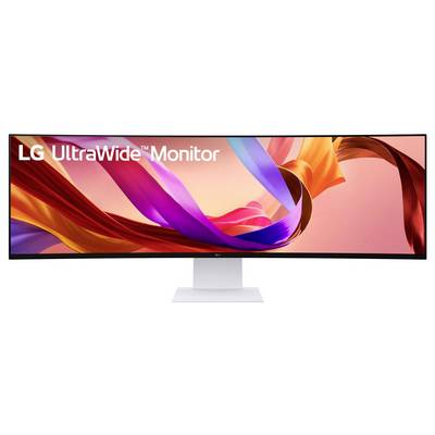 LG UltraWide Monitor mit einem bunten abstrakten Bandmuster auf dem Display, das die umfassende Breite des Bildschirms und seine lebendigen Farben veranschaulicht.