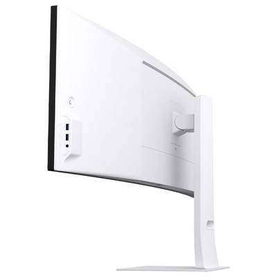 Gekrümmter weißer Computerbildschirm, von hinten betrachtet, mit Ständer und seitlichen Anschlüssen.