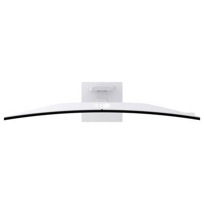 Draufsicht eines gebogenen LG-Monitors mit silbernem Standfuß, der sein elegantes Design und seine Krümmung präsentiert.