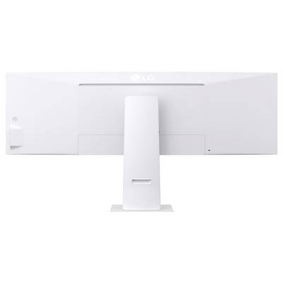 Rückansicht eines weißen LG-Monitors mit einem zentralen Ständer, der ein minimalistisches Design und Branding zeigt.