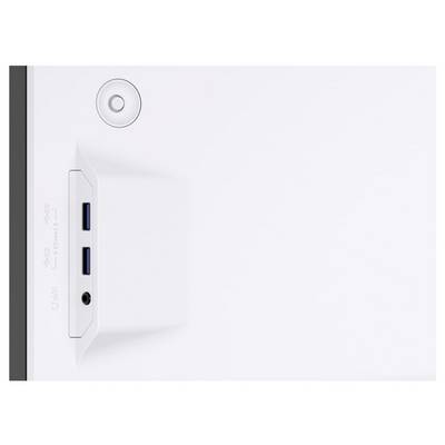 Weißes elektronisches Gerät Seitenpanel mit einem Einschaltknopf, zwei USB-Anschlüssen und einem Audioeingang, mit Symbolen zur Anzeige der Funktionalität.