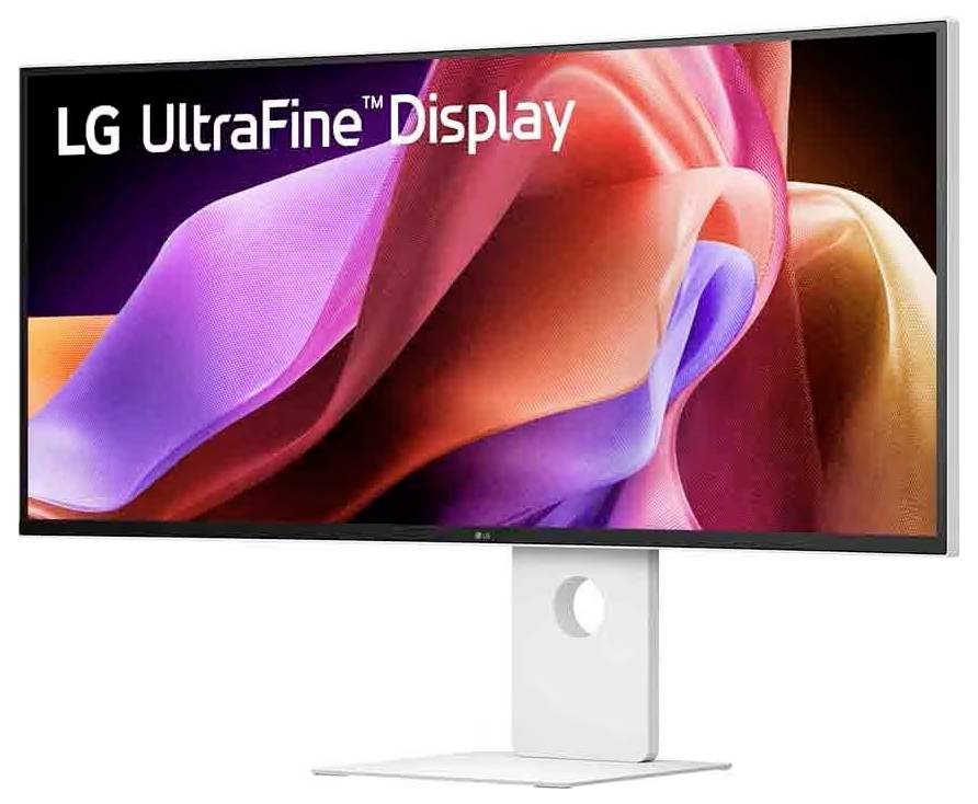 Ein breiter LG UltraFine Display-Monitor mit leuchtenden, fließenden Farbstofffabrics auf dem Bildschirm, der den Text "LG UltraFine Display" präsentiert.