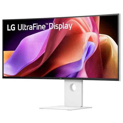 Ein breiter LG UltraFine Display-Monitor mit leuchtenden, fließenden Farbstofffabrics auf dem Bildschirm, der den Text "LG UltraFine Display" präsentiert.