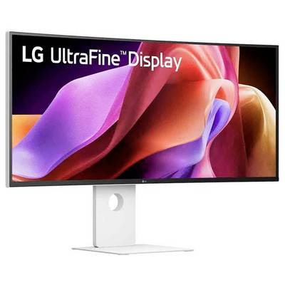 LG UltraFine Display Monitor mit einer lebendigen, abstrakten Farbwelle auf dem Bildschirm, der seine breite Seitenverhältnis und schlankes Ständerdesign präsentiert.