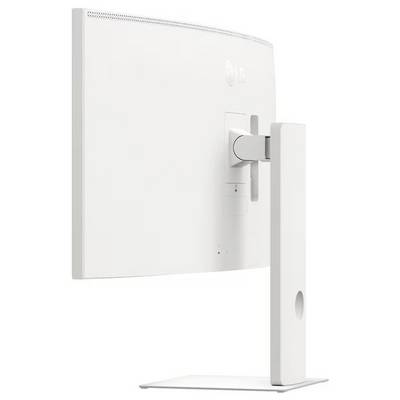 Ein weißer Computer-Monitor, von der Seite betrachtet, der seinen verstellbaren Ständer und seine Befestigung auf einer ebenen Oberfläche zeigt.
