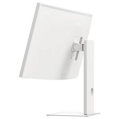 Ein weißer, moderner Computermonitor aus Seitenperspektive, der seinen verstellbaren Ständer und sein schlankes Design zeigt.