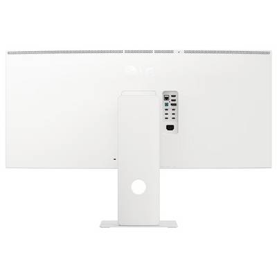 Rückansicht eines weißen Computermonitors, die die Anschlüsse und Verbindungen auf dem Hinterpanel zeigt, einschließlich HDMI-, USB- und Stromeingangsports.