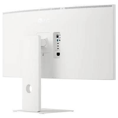 Ein weißer Computermonitor von hinten betrachtet, der Anschlüsse und einen Ständer zeigt.