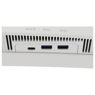 Ein Bild der Rückseite eines Computermonitors mit drei Anschlüssen: einem USB-C-Anschluss und zwei USB-A-Anschlüssen. Das Bedienfeld weist oberhalb der Anschlüsse Lüftungsschlitze auf.