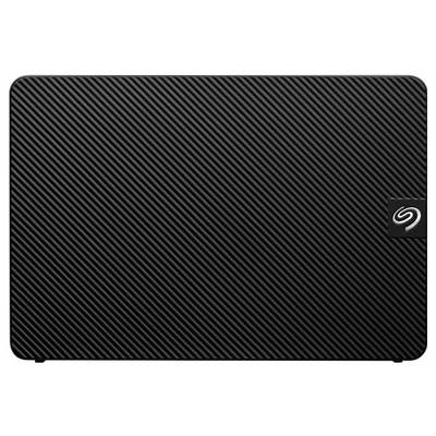 Eine schwarze externe Festplatte mit einem strukturierten diagonal verlaufenden Streifenmuster und einem kleinen Logo in der Ecke.