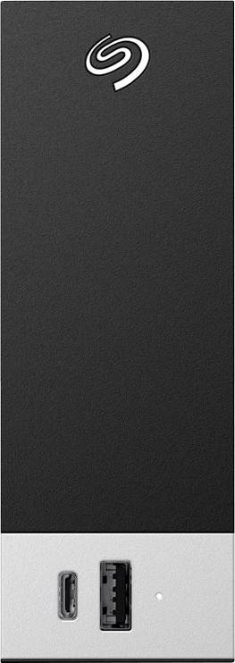 Ein externes Festplattenlaufwerk mit elegantem, vertikalem Design. Es verfügt über eine schwarze Oberfläche mit einem Logo oben und Anschlüssen für die Konnektivität am unteren Ende.