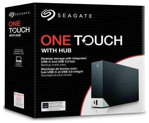 Verpackung des "Seagate One Touch with Hub", die eine externe Festplatte zeigt. Mit USB-C und USB 3.0. Bewirbt einfache Datensicherung und Speicherung.