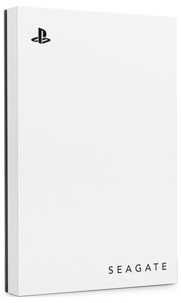 Externe Festplatte mit PlayStation-Logo auf der Oberseite, rechts unten steht 'SEAGATE' geschrieben; minimalistisches weißes Design.