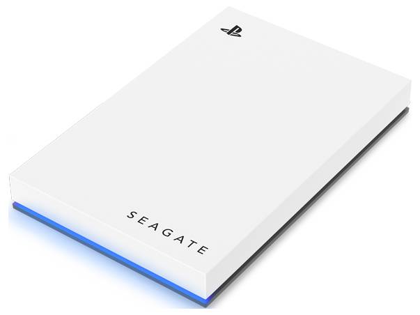Externe Festplatte mit 'SEAGATE'-Branding, speziell für PlayStation entwickelt, mit weißem Gehäuse und blauem Akzent an der Seite.