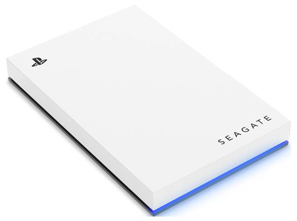 Weiße externe Seagate-Festplatte für PlayStation mit elegantem Design, glühender blauer Kante und dem 'Seagate'-Logo.